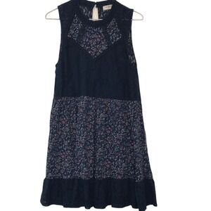 Umgee Sleeveless Mini Dress Lace Floral Navy Blue Boho Mixed Media Womens Medium